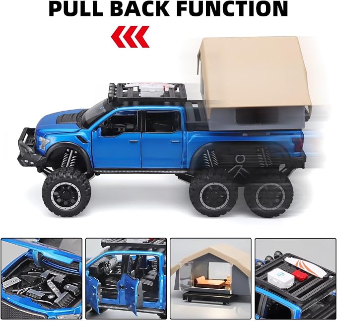OANMYJJO Toy Trucks for Boys Age 4-7,Trucks for Kids F150 Diecast Truck,Model F150 Pickup Truck with Sightseeing Cabin,Pull Back Cars with Light and Sound,Trucks for Kids Ages 4-8（Blue）