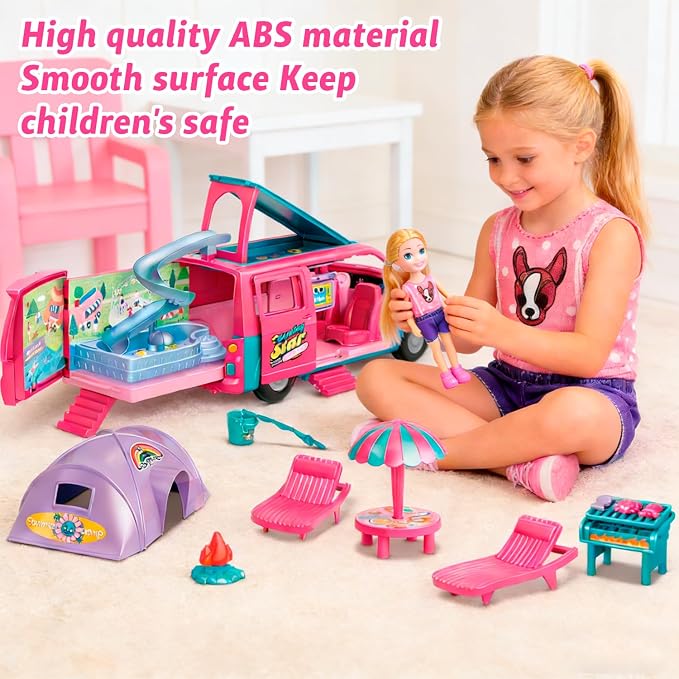 Dollhouse Camping RV Playset for Girls - Kids Camper Van Toy with Slide, Pool, Tent, BBQ Grill & Doll Accessories - Pretend Play Outdoor Adventure Toy Birthday Gift for 3 4 5 6 7 8 Year Old