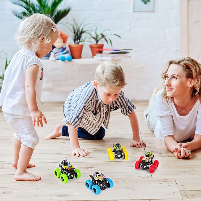 M SANMERSEN Monster Truck Toys for Kids, Friction Cars for Toddlers Push and Go 360° Rotating Stunt Car for 3+ Year Old Boys Girls Gifts (4 Pack - Blue/Green/Red/Yellow)