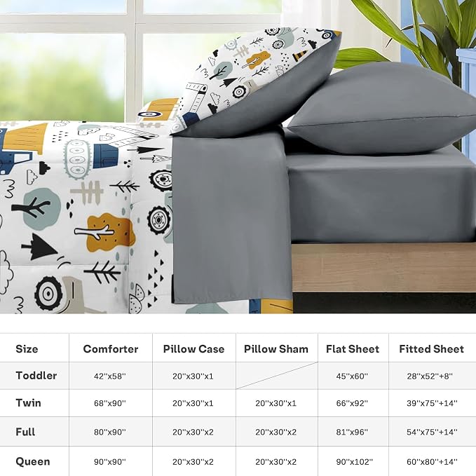 Nesker 5 Pcs Comforter Set Twin Size, Cute Cars Truck Tractor Bedding for Kids Teen, Cargo Crane Bulldozer Excavator Bed Sheet with Pillowcase & Sham