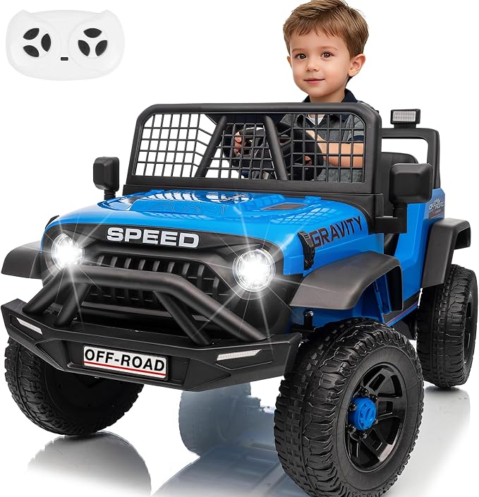 24V Ride on Toys w/Remote Control, 4WD Kids Ride on Truck Car, 3 Speed, Bluetooth Music, Wide Seat, Spring Suspension, LED Light, Birthday for Boys Girls Toddler (BrightBlue)
