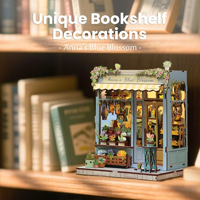 Fsolis Book Nook Kit - DIY Scene Miniature Kit for Adults, Booknook 3D Puzzles 255PCS, Tiny House Mini Flower Shop Model Bookshelf Trinkets, Gifts for Women Puzzle Lovers (Anna's Blue Blossom)
