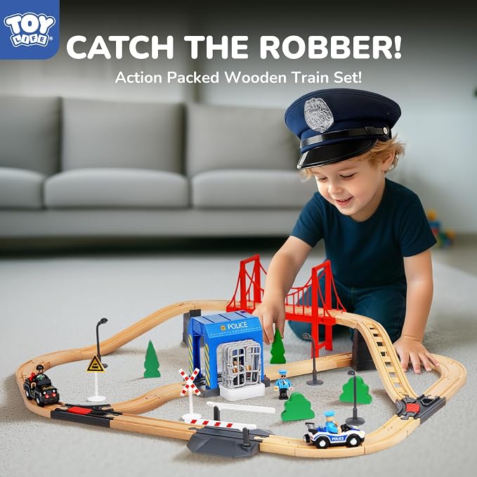 TOY Life Wooden Train Set for Toddlers 2-4, 56PCS Police Station Train Toys with Wooden Train Track Set, Magnetic Police Car Set, Toys for 3 4 5 6 Year Old Boys Kids, Compatible with Major Brand