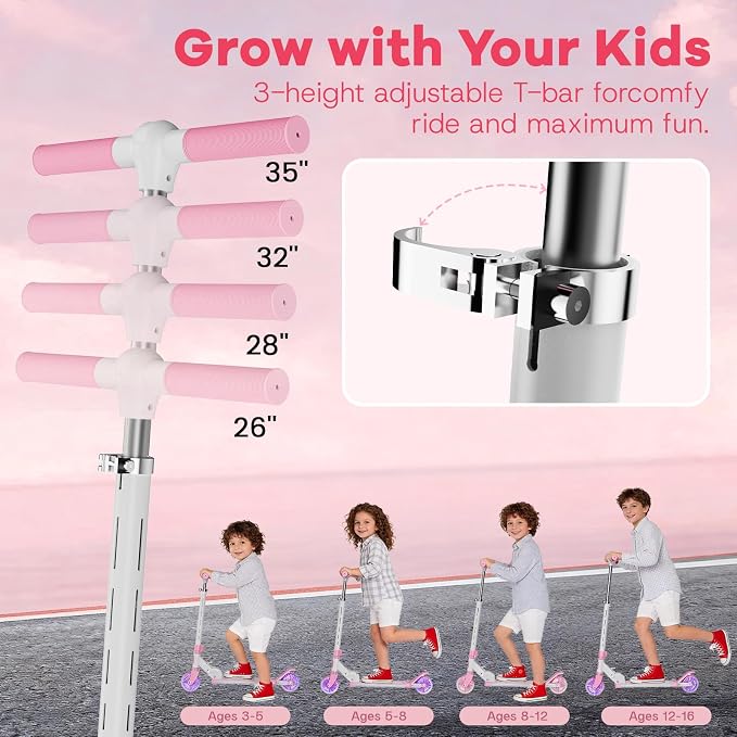 2 Wheel Scooter for Kids 3-12, Light Up Wheels & LED Stem Kick Scooter, Height Adjustable & Foldable Design, Lightweight Sport Scooter for Girls Boys with Kickstand