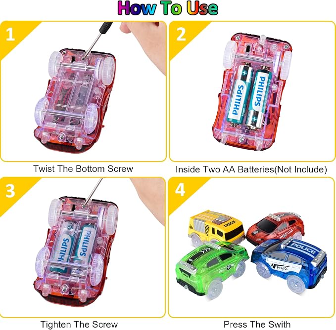 Tracks Cars Only Replacement, Flex Track Race cars for Magic Tracks Glow in the Dark with 5 Flashing LED Lights, Light Up Tracks Cars Compatible with Most Race Tracks for Kids (4pack) with Screwdriver