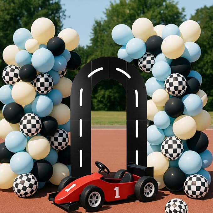 Zhanmai Racing Party Backdrop Decor Open U Shaped Race Track Arch Backdrop Stand with Weighted Water Bag Racetrack Pre-Cut Foam Board Set for Race Car Road Go Kart Birthday Games Party(5 ft)