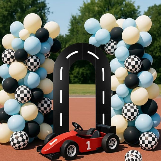 Zhanmai Racing Party Backdrop Decor Open U Shaped Race Track Arch Backdrop Stand with Weighted Water Bag Racetrack Pre-Cut Foam Board Set for Race Car Road Go Kart Birthday Games Party(5 ft)