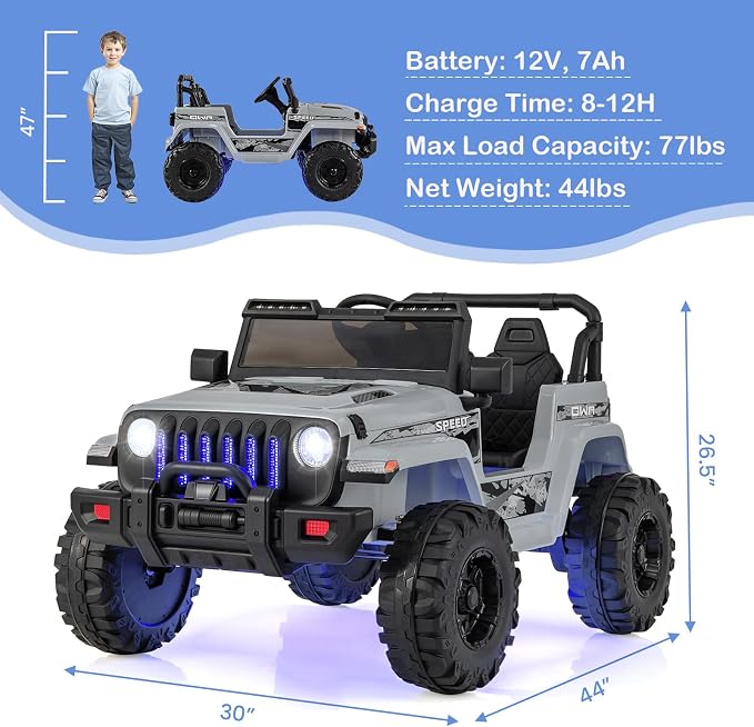 INFANS Ride on Truck Car, 12V Battery Powered Electric Vehicles with Parents Remote Control, 3 Speeds, Bluetooth Music Radio, LED Lights, Soft Start, 4 Wheels for Boys Girls Kids Toddler (Gray)