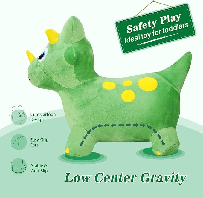 INPANY Bouncy Horse, Dinosaur Hopper Toys, Toddler Plush Bouncing Animal, Dinosaur Birthday Party Decorations, Inflatable Ride on Rubber Triceratops Bouncer, Outdoor for 2 3 4 Yr Boy Girl
