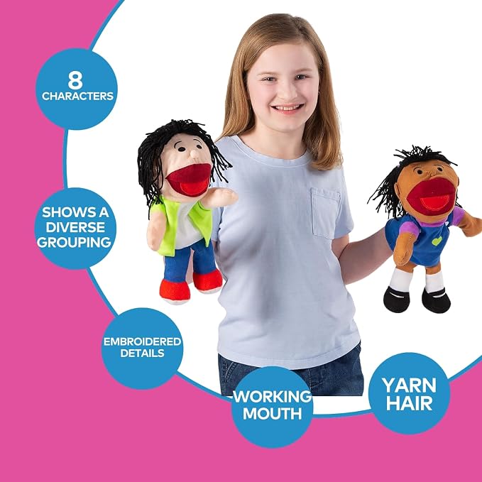 Fun Express Hand Puppets for Kids - 8 Multicultural Plush Puppets with Movable Mouths for Speech Therapy, Social Emotional Learning & Dramatic Play | 14 Inch Educational Toys for Classroom & Home Use