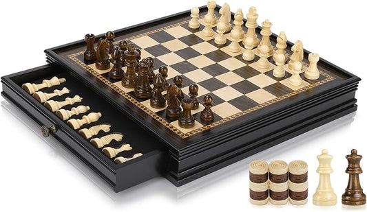 Peradix Magnetic Chess and Checkers Set with 2 Built-in Storage Drawers, Classic 2 in 1 Wooden Board Games, Magnetic Chess Pieces 2 Extra Queens, 12.8" Chess Set for Adults and Kids Gift Package