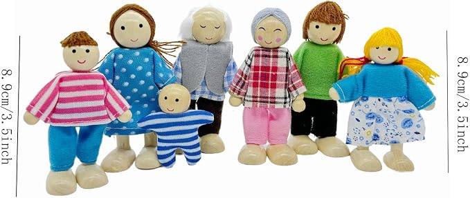 HYSTYLE 7 Pack Wooden Dollhouse Family Dolls Pretend Play Figures, Family Role Play Pretend Play People Figures