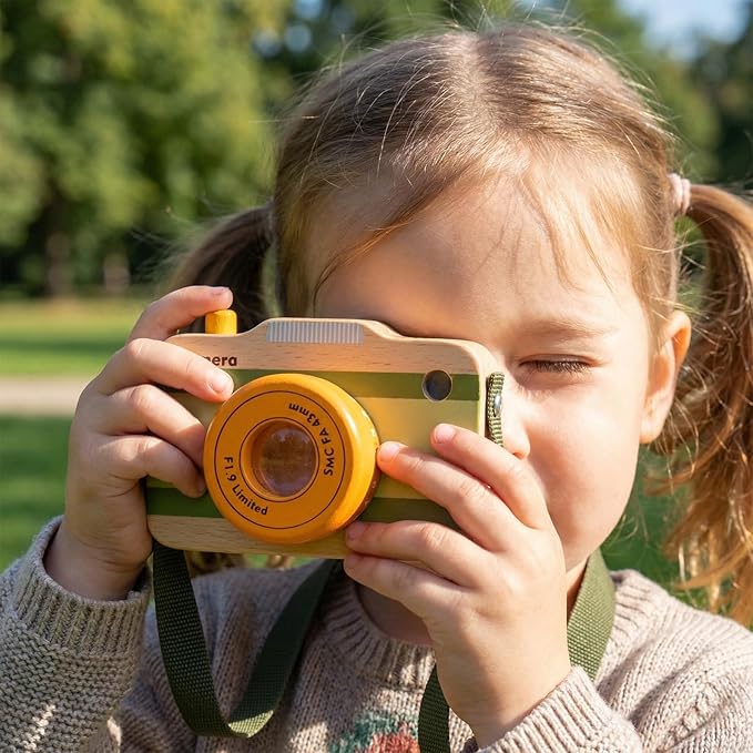 Wooden Mini Pretend Camera Toy with Real Sounds and Light for Toddlers 3 Years Old, Neck Hanging Photographed Props for Boys Girls Children Kids