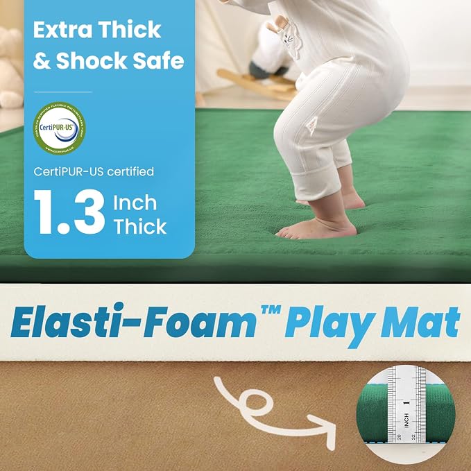 1.3" Thick Baby Floor Play Mat, 59x79 Padded Foam Tummy Time Crawling Mat, Non-Slip Water-Repellent Soft Plush Nursey Area Rug for Playroom Living Room (Emerald)