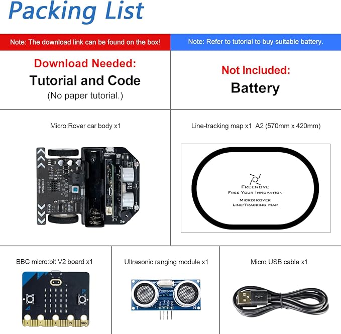 FREENOVE Micro:Rover Kit for BBC Micro:bit (V2 Included), Obstacle Avoidance, Light-tracing, Line-Tracking, Remote Control, Playing Melody, Colorful Lights, Example Projects, Blocks and Python Code