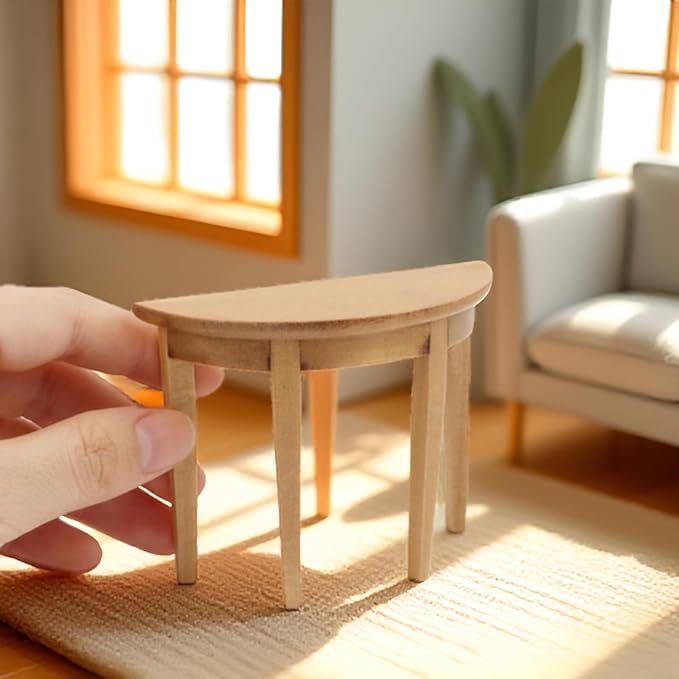 Miniature Half Moon Table Dollhouse Furniture 1/12 Scale for Living Room Bedroom Hallway, Entrance, Small Spaces, DIY Doll House Accessories (Woody)