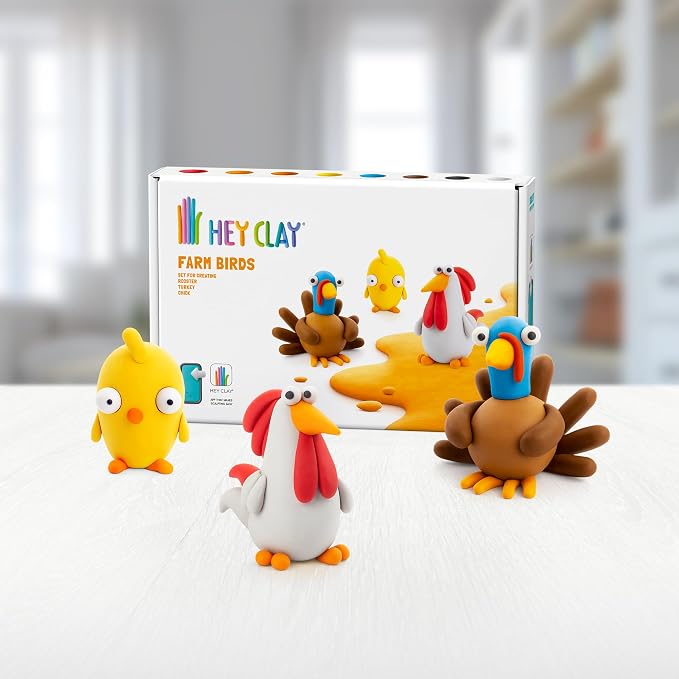 HEY CLAY Colorful Modeling Air Dry Clay for Kids 6 cans with Fun Interactive Instructions App - Kids Activities Age 3+ (Farm Birds: Chick, Turkey, Rooster)