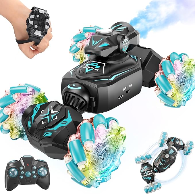 Gesture Sensing Remote Control Car, RC Cars Toys for Boys Age 6-12, 4WD Hand Controlled Twist & Transform 360° Spins Stunt Car with Mist, Light & Music, 8-10 Year Old Boys Birthday Gift Blue