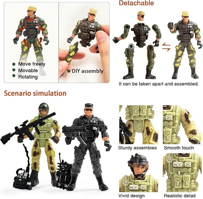 Army Men Toy Soldiers, 6 Pcs Army Men Action Figure for Boy 4-7, US Army Men and SWAT Team Toy with Military Weapons Accessories for Toddler Boy