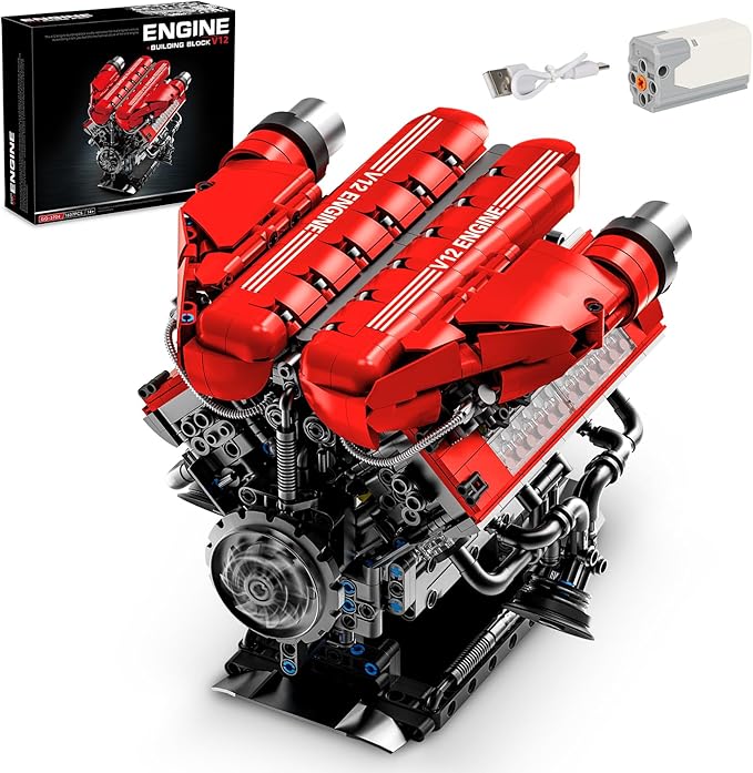 V12 Engine Model Kit That Runs, 12-Cylinder Sports Car Engine Building Set with Rechargeable Motor, Compatible with Lego for Adults, Engineering Construction STEM Toy for Teens (1607 PCS)