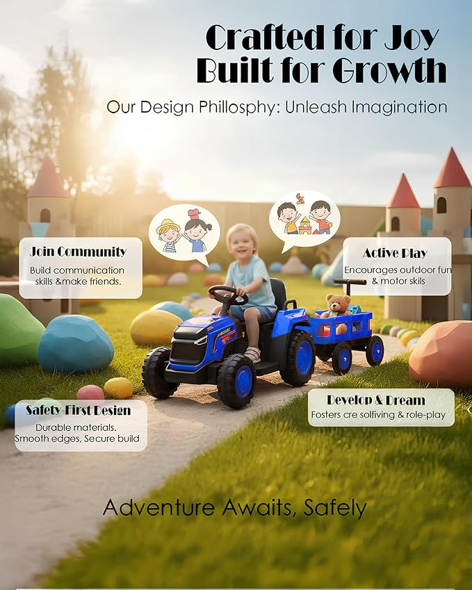 Garvee Toddlers Ride on Tractor with Detachable Garden Cart, 12V Electric Kids’ Vehicle with Trailer, Ages 3–8, Max Load 66 Lbs, Up to 2.5 Mph, Battery-Powered 8-Wheel, Remote Control, Garden Game