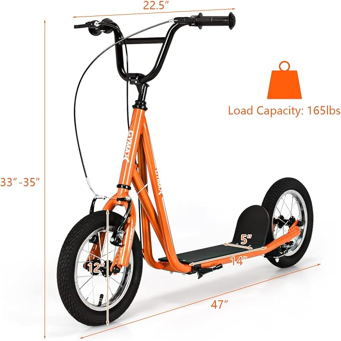 GYMAX Scooter, Kids & Adults Off-Road Scooter with 12" Inflatable Wheels, Adjustable Height Handlebar, V-Type Handbrakes & Axle Pegs for All Terrain, 8+