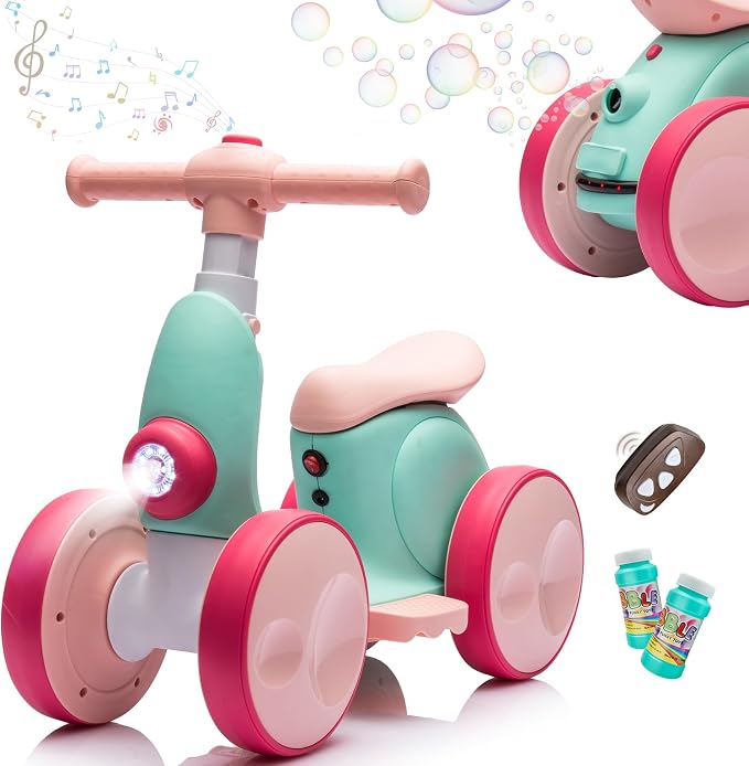 JoyRydz 6V Electric Baby Balance Bike with Bubble Machine,4 in 1 Toddler Balance Bike w/Remote for 1 Year Old Boys Girls Kids Bubble Bike Ride on Toys w/Powered Motor,Music,LED Lights (Green&Red)
