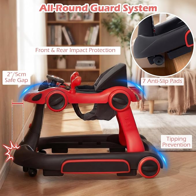 INFANS 6-in-1 Foldable Baby Walker, Converts Push Car to Bouncer, Rocker with Music, Lights, Adjustable Height & Speed, Activity Center, Canopy for 7-18 Months (Red)