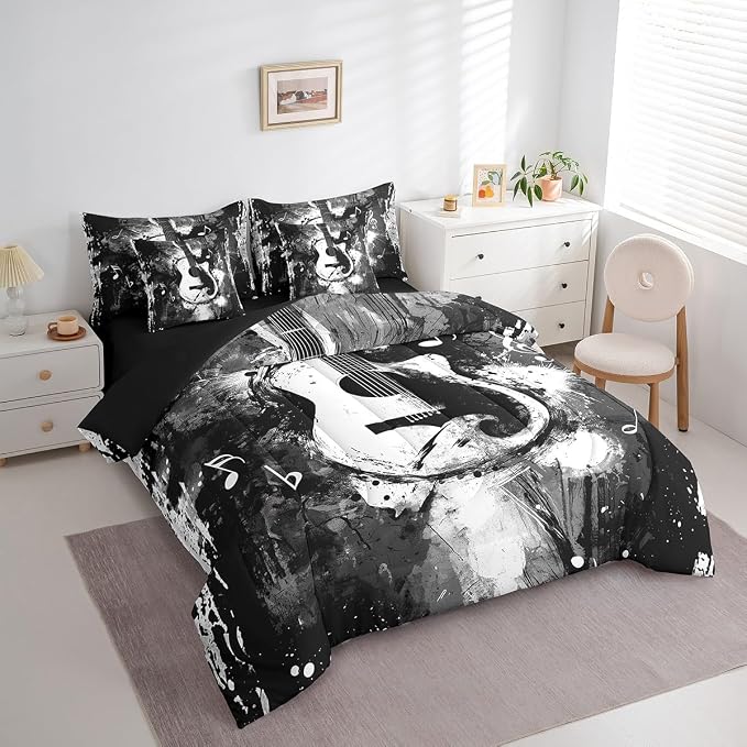 Feelyou Guitar Comforter Set with Sheets Twin Size Rock Music Bed in a Bag for Boys Girls Teens Black Gray 7 Pieces Bedding Set Soft Lightweight Microfiber