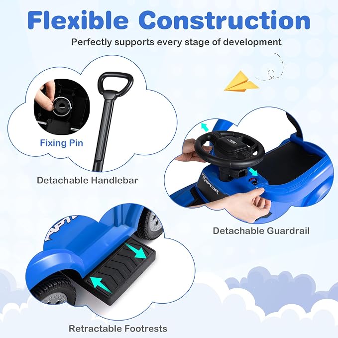 Costzon Ride On Push Car for Toddlers, 3-in-1 Ford Licensed Sliding Car w/Handle, Guardrail, Horn, Engine Sound, LED Lights, Under Seat Storage, Foot-to-Floor Kids Ride On Toys for Boys Girls (Blue)
