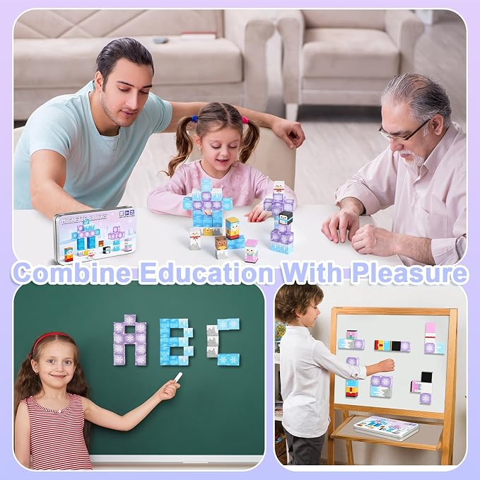 QOUBAI 45PCS Mini Magnetic Blocks Travel Toys, Magnet Building Cubes Tiles Set with Portable Iron Case, Learning Activities Gifts for Kids Toddlers Boys & Girls Ages 3-8 (Ice World)