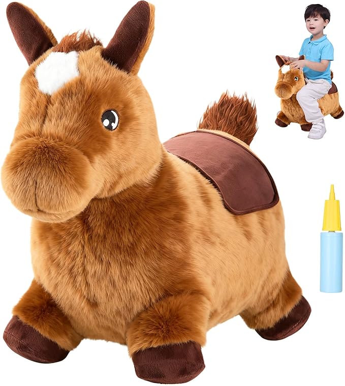 INPANY Bouncy Horse for Toddlers - Plush Brown Bouncing Horse Hopper, Ride on Animal Toys for Girls Boys, Outdoor Indoor Inflatable Horse Gifts - Plush Covered (Include Pump)