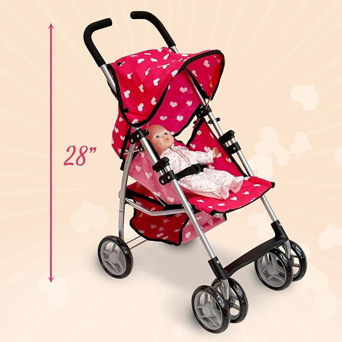 Baby Doll Stroller for Toddler Girls & Big Kids up to 8 Years Old | 28” Baby Stroller for Dolls, Toy Baby Stroller with Cute Pink Hearts Pattern, Storage Basket, Canopy, Handle Grips, Swivel Wheels