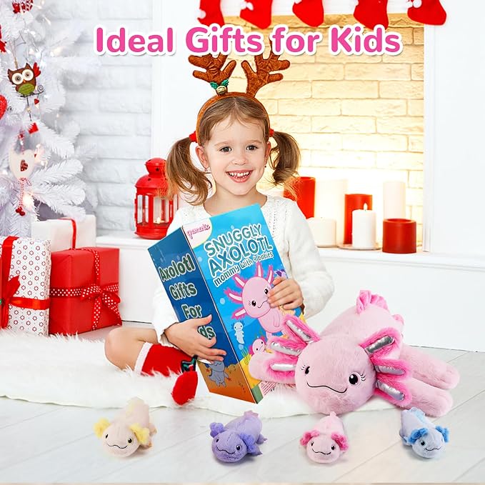 gnomantic Axolotl Stuffed Animals with Babies Inside, Mommy Toy for Kids | 5-Piece set: 1 mommy axolotl + 4 baby axolotls inside. Unzip belly to reveal surprise babies. Ultra-soft, ages 3-8.