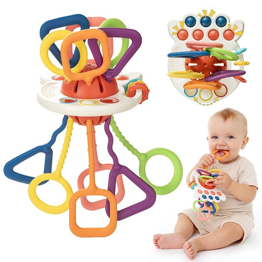 Baby Teething Toys 6-12 Months & Toddler Car Activities | Exceptional Silicone Pull String Sensory Toy, Montessori Toys for 1 Year Old Boy Girl Infant