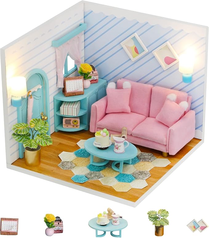Kisoy Dollhouse Miniature with Furniture Kit, DIY 3D Wooden DIY House Kit A Corner of a Small Apartment Style with Dust Cover & LED, Handmade Tiny House Toys for Adults and Teens Gift（Living Room）