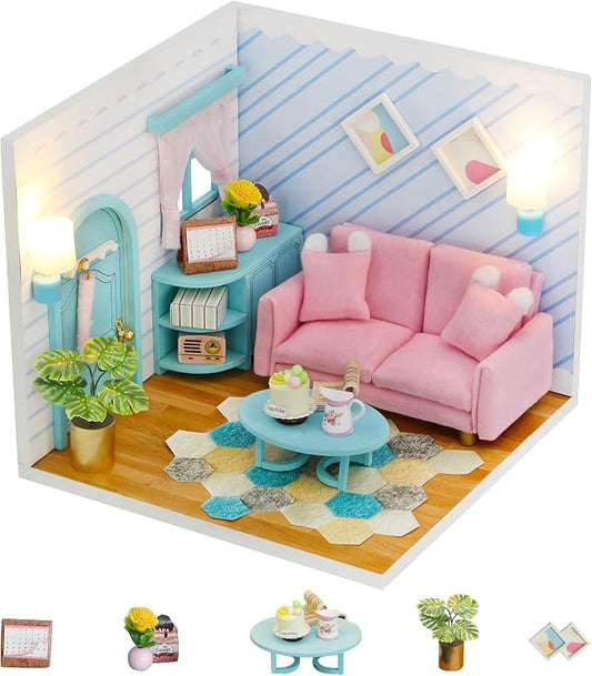Kisoy Dollhouse Miniature with Furniture Kit, DIY 3D Wooden DIY House Kit A Corner of a Small Apartment Style with Dust Cover & LED, Handmade Tiny House Toys for Adults and Teens Gift（Living Room）