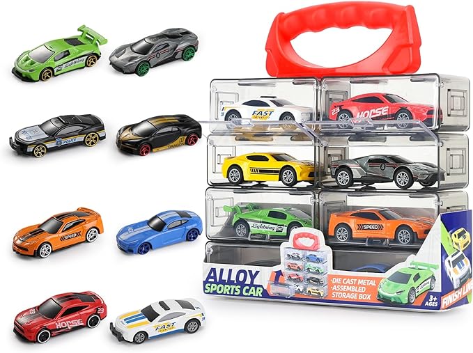 Die Cast Pull Back Toy Cars, 4 Pack 1:64 Mini Cars with (Big) | 4 pull-back die-cast mini cars with a portable storage case for racing, collecting, sharing, and travel play.