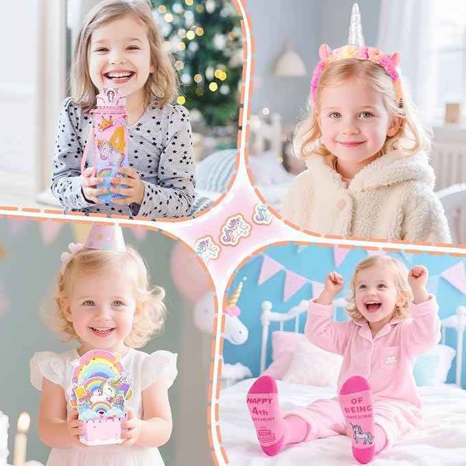 Unicorn Gifts for Girls, Christmas Birthday Gifts for Girls Age 4 Years Old Girl Birthday Gift Unicorn 3D Pop-Up Card for 4-Year-Old Girl and DIY Water Bottle Kits, Unicorn Toys for Daughter, Niece