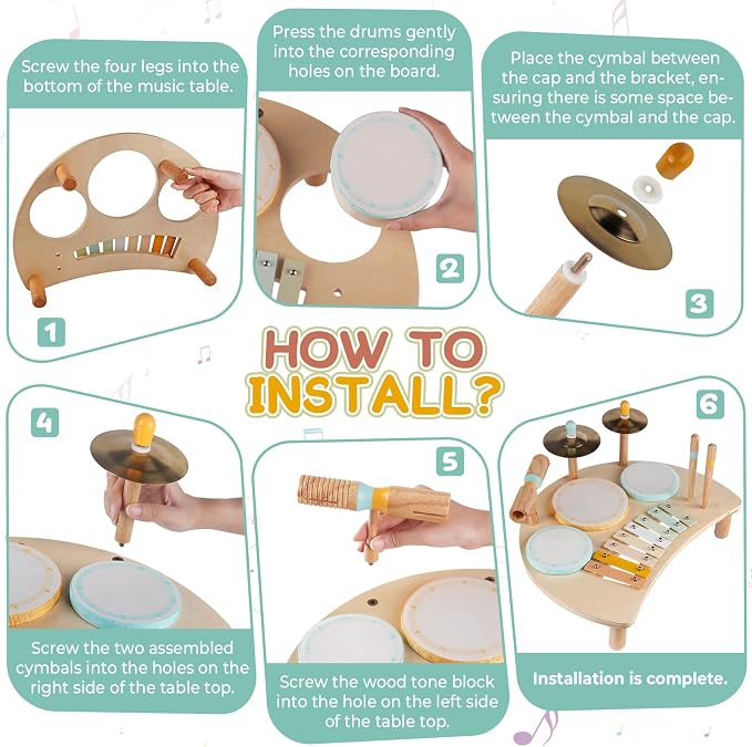 Kids Drum Set Montessori Musical Instruments for Toddlers 1-3, Wooden Baby Drum Kit with Xylophone, Preschool Music Toys for Early Learning, Educational Birthday Gift for Boys Girls (Multicolored)
