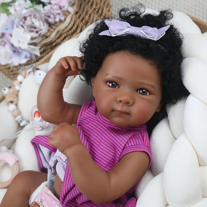WOOROY Lifelike Reborn Baby Dolls - 20 Inch Black Realistic Baby Doll Girl African American Full Body Vinyl Purple Onesie & Bow Headband with Accessories Gifts for Kids 3+