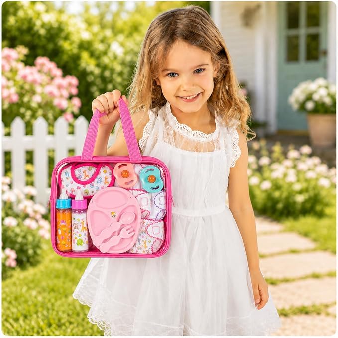 My Sweet Baby 13-Piece Doll Feeding & Diaper Bag Set – Disappearing Milk Bottles, Bibs, Pacifiers, Diapers & Accessories Set – Pretend Play Baby Doll Care Kit for Girls – Fits 12–18″ Dolls