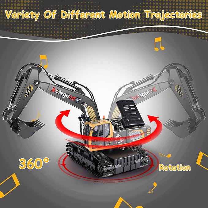 kolegend 1:18 RC Excavator Toys for Boys Metal Bucket Remote Control Excavator 2-Pack Batteries for Non-Stop Digging 2.4Ghz RC Construction Toy with Lights & Learing Cards, Gift for Age 6-10