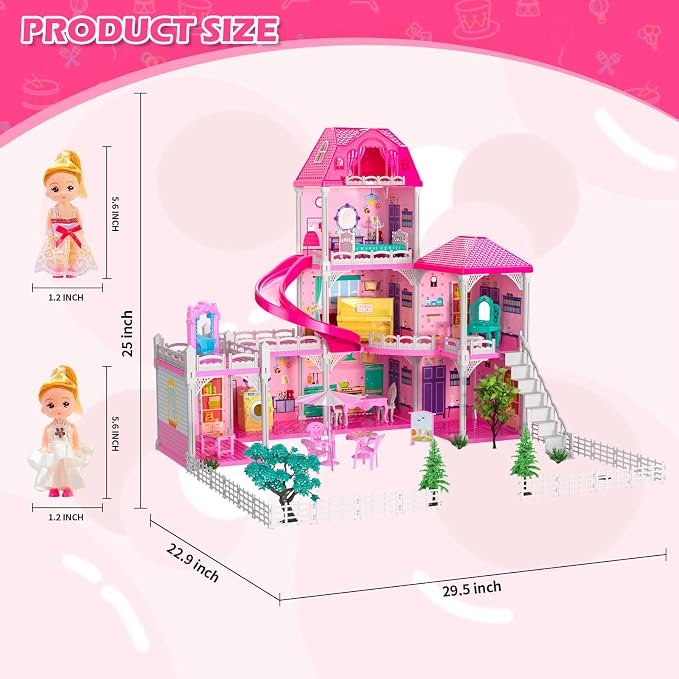 3-Level DIY Dollhouses for Girls with 7 Themed Rooms, 2 Dolls & 4 Dogs - Dolls House Toys with Slide, Furniture & Accessories for 4-8 Years Old