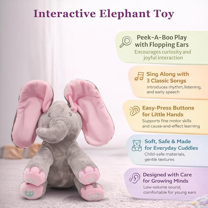 Dimple Kaia Elephant Stuffed Animal Toy - Animated Plush Pink Singing Elephant, Interactive Musical Peek-a-Boo for Babies, Kids, for Toddlers, Ages 0 and Up(Battery Included)
