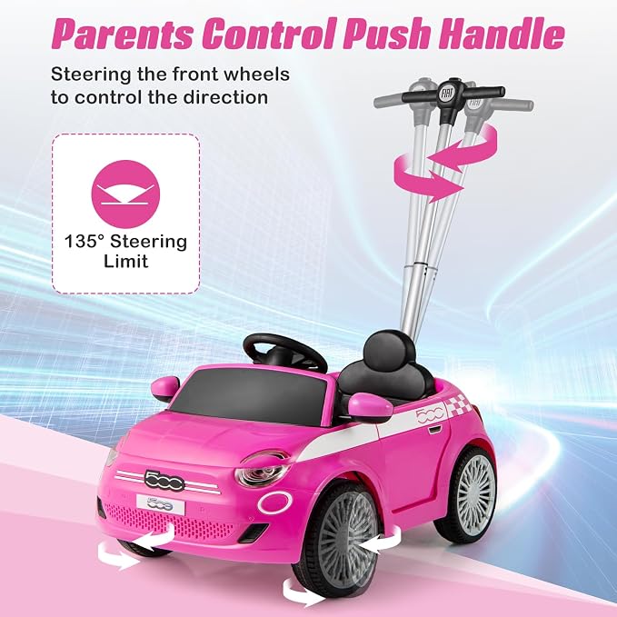 OLAKIDS Push Car for Toddlers, 3 in 1 Licensed Fiat 500e Baby Sliding Walking with Parent Control Handle Adjustable Canopy Footrest, Kids Ride on Toys with Horn for Boys Girls (Pink)