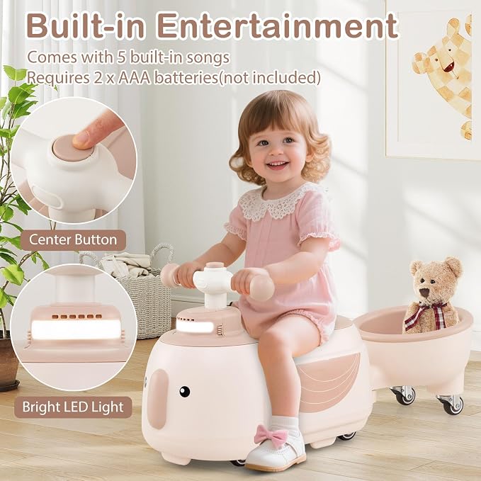 HONEY JOY Ride On Push Car with Trailer, Indoor Outdoor Toddler Riding Toys w/Under-seat Storage, LED Light, Music, Foot-to-Floor Sliding Car, No Battery Baby Ride On Toys for Boys and Girls (Coffee)