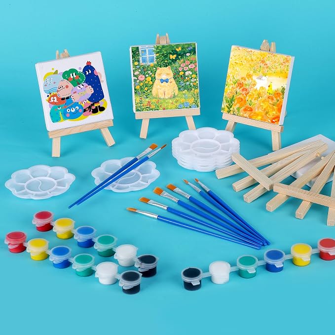 ESRICH 24 Set Mini Acrylic Paint Kit, Mini Stretched Canvas with Easel, Valentines Day Gifts, Acrylic Paint Strips, Paint Palettes, Painting Brushes, Canvas and Easel Set for Kids Artists Beginner