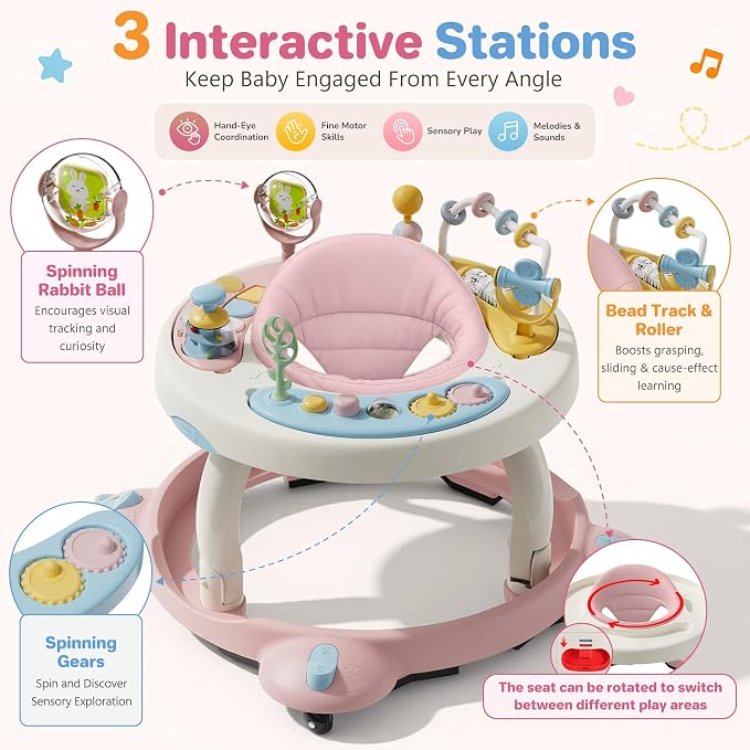 Baby Walker with Wheels, Foldable Baby Walker for Baby 6-12 Months, 3-Position Rotating Seat with Interactive Activity Center, Music Buttons, Baby Walkers for Boys Girls(Pink)