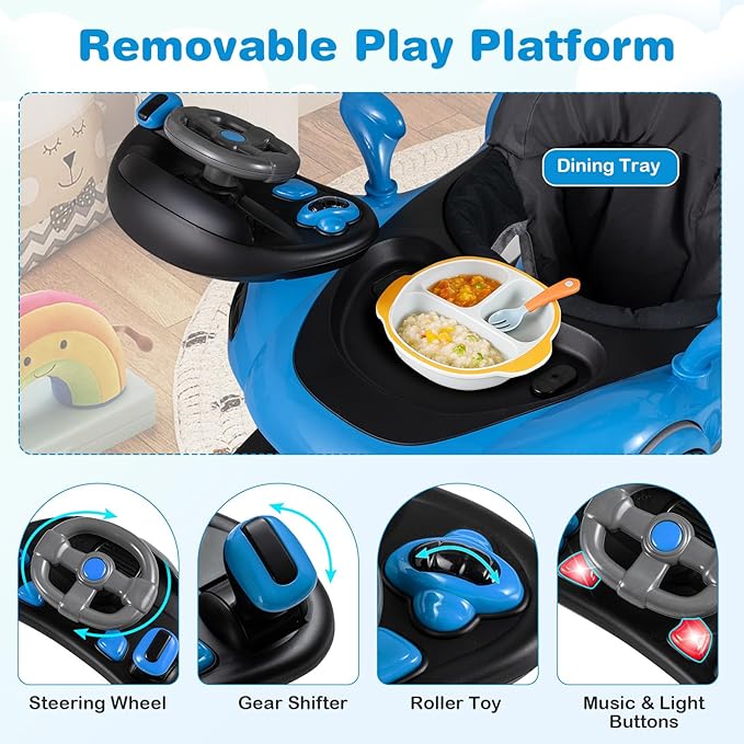 BABY JOY 7-in-1 Baby Walker, Foldable Baby Walker and Bouncer Combo with Handle, Adjustable Height & Speed, Music, Lights, Rocker/Push Mode, Baby Walker with Wheels for Boys Girls 7-18 Months (Blue)